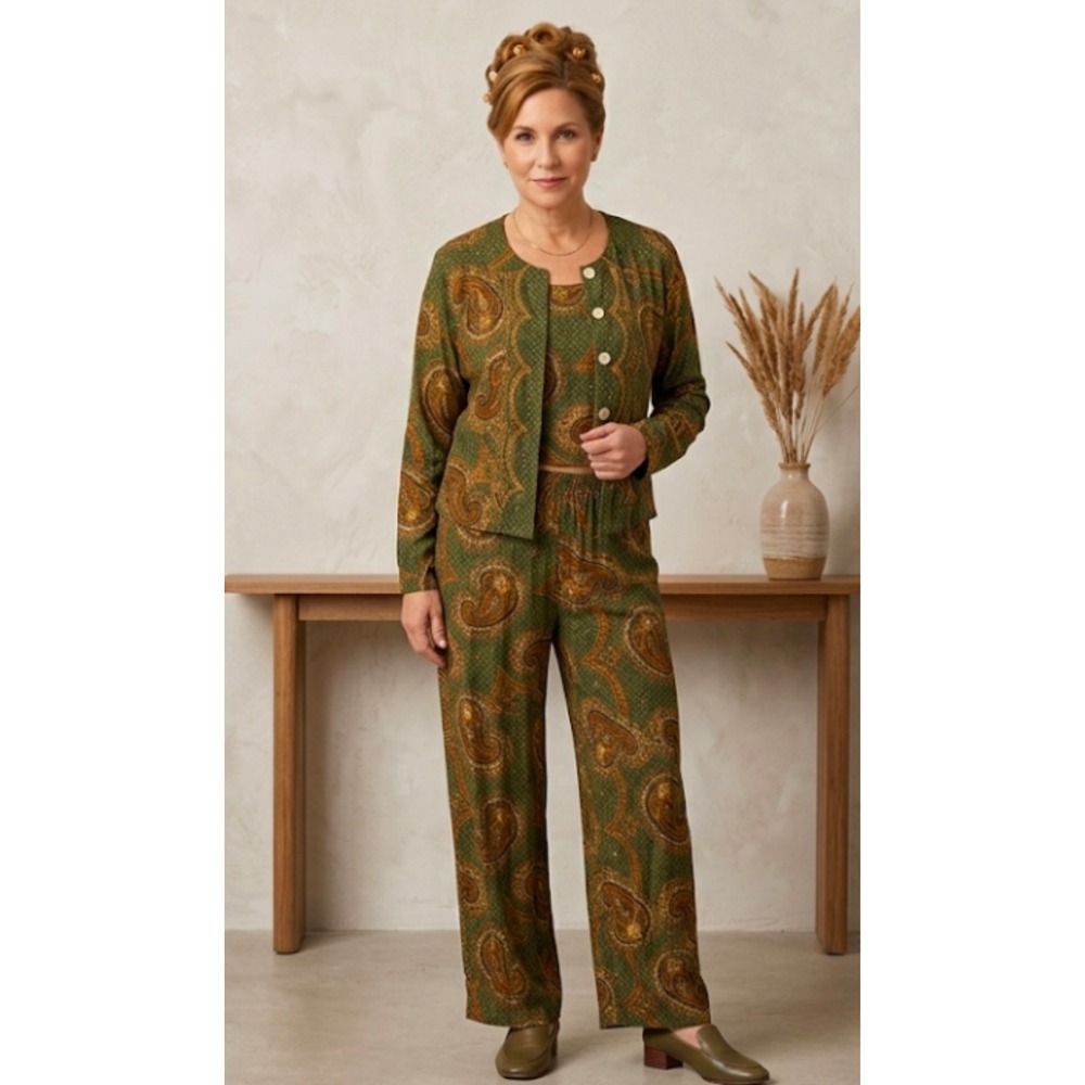 Key Lime Pie Vintage 3 Piece Paisley Green Rayon Cardigan Tank Wide Leg Pants